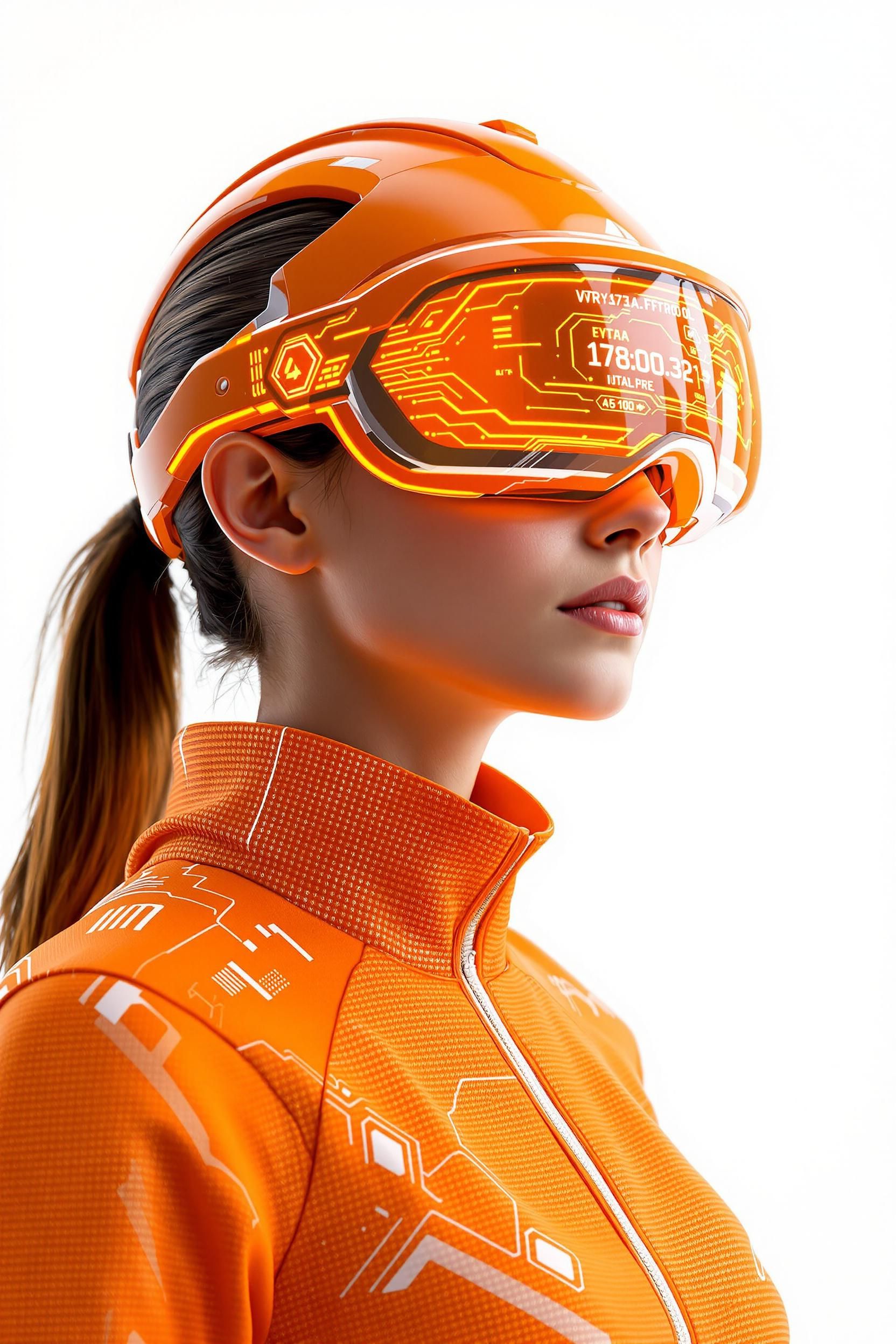 Girl in orange virtual glasses, vr helmet, sci-fi, cyberpunk, looking to the side, orange jacket, 3d render, render Cin…