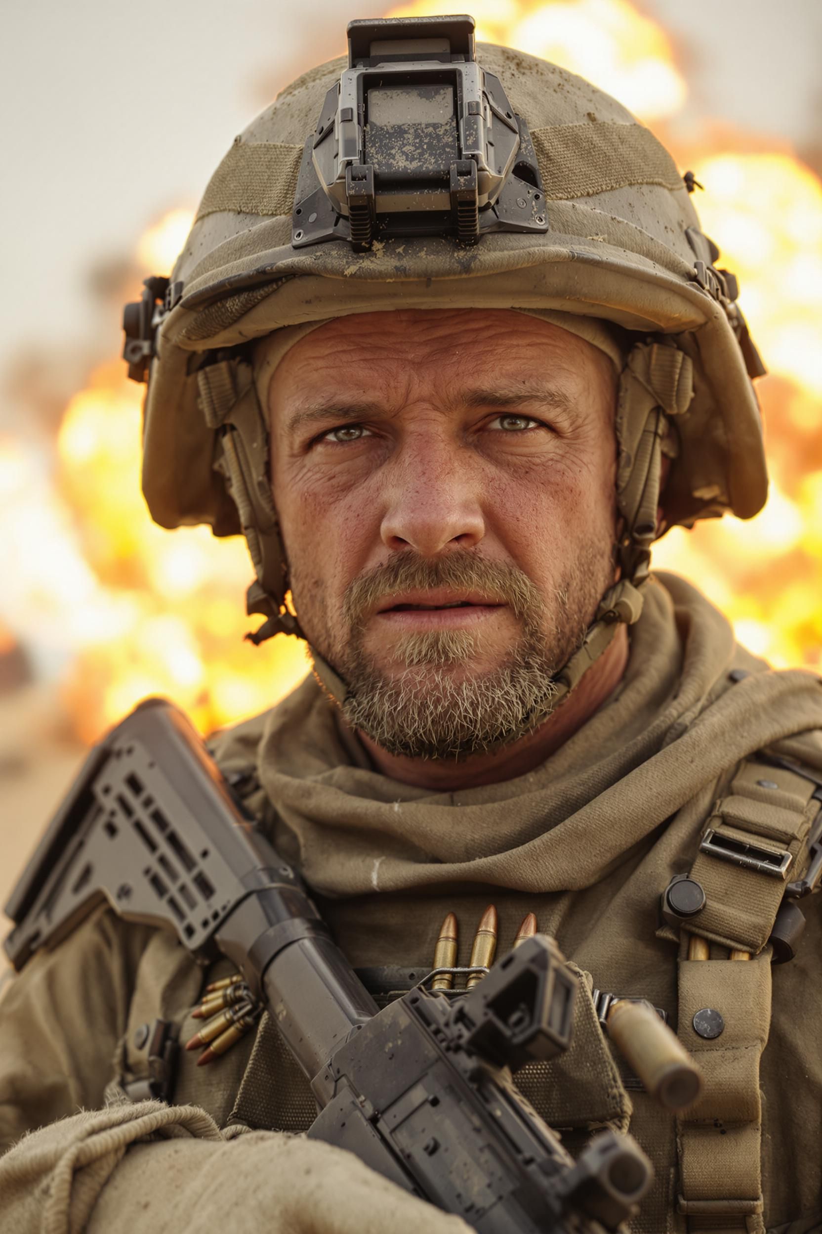 a solder with an AR-15 in the desert, explosion behind him, 8k photo, shot on RED cinema camera, stunning surreal effect