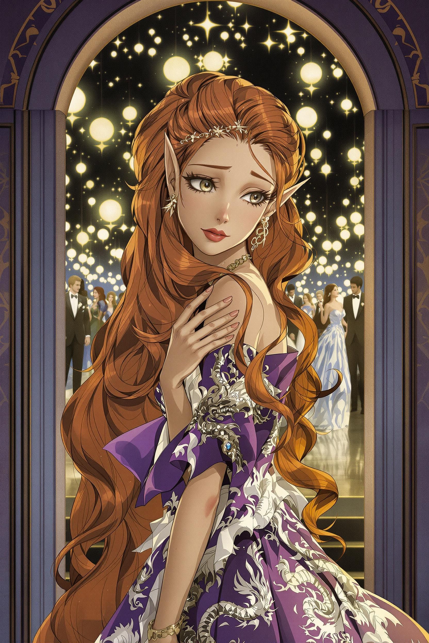 beautiful elf woman with very long, wavy copper orange hair. she’s wearing a beautiful ballgown with dragon patterns on…