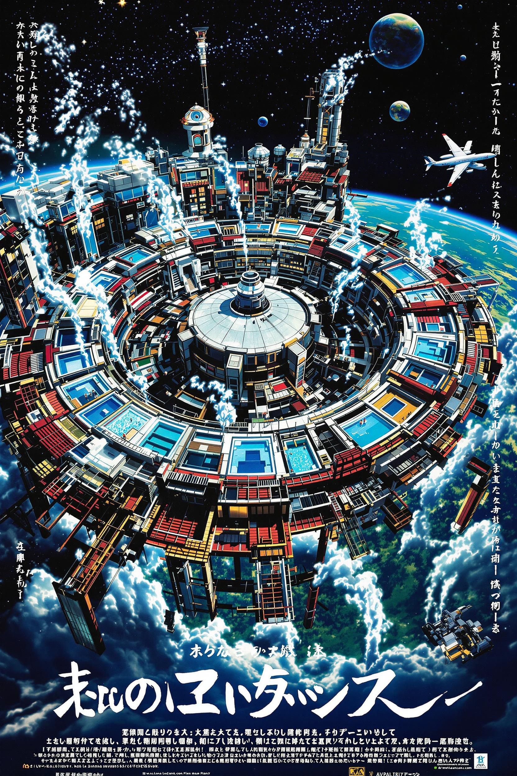 1990s anime poster for sf japanese style onsen, blow my mind, maximalist , plane