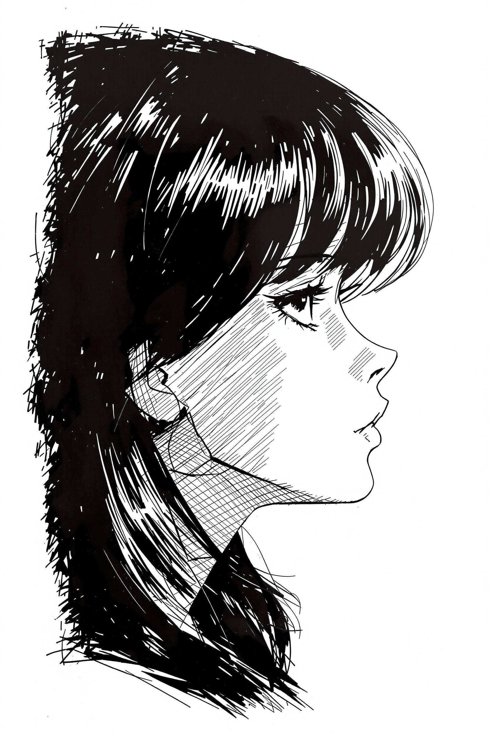 Vintage 90s anime, Scratchy pen strokes, blind contour, perspective closeup, beautiful girl, face in darkness, stark ha…