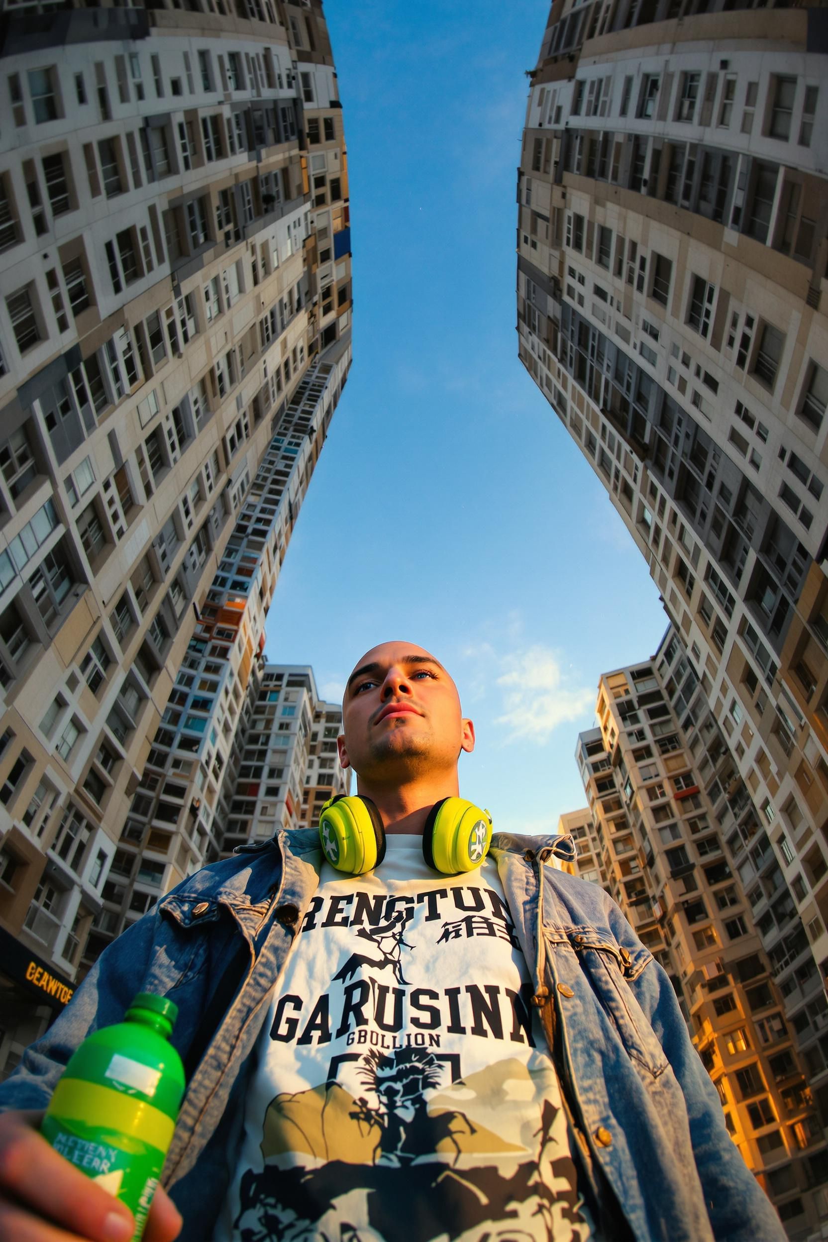 Low-angle urban portrait of a stylish bald young men with blue eyes in the middle of a city street, headphones around h…