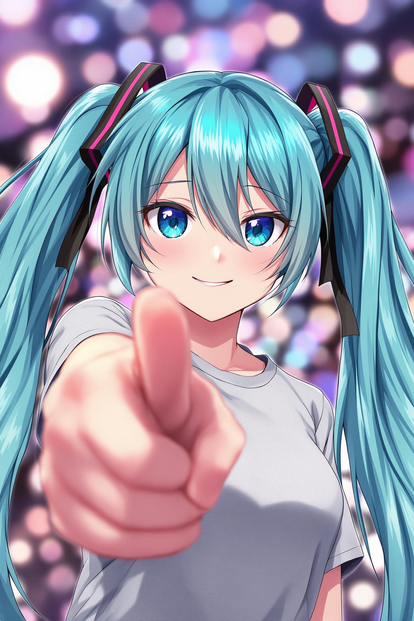 Create a masterpiece-quality anime illustration of Hatsune Miku alone, her vibrant turquoise hair tied into ribboned tw…