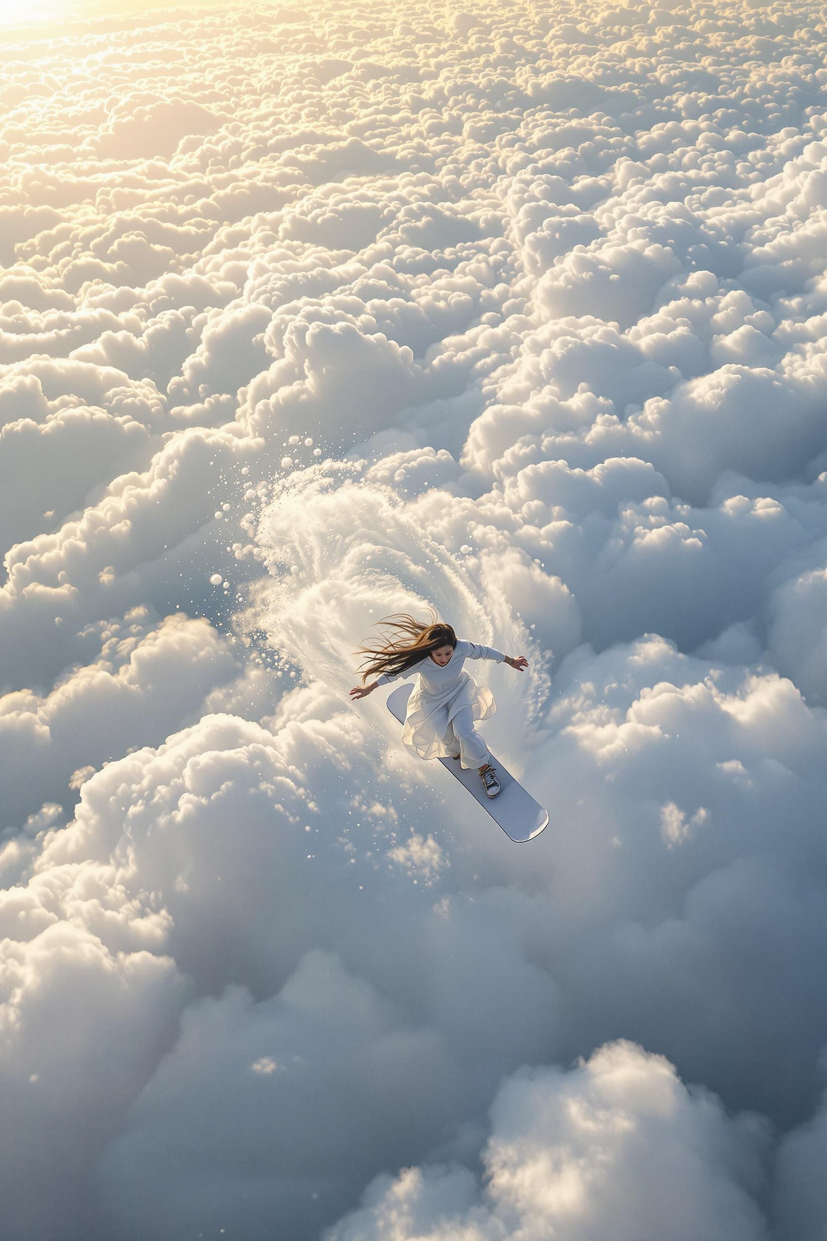 Far above, in the vast white sea of clouds, a beautiful Asian woman snowboards across a straight line, following the su…