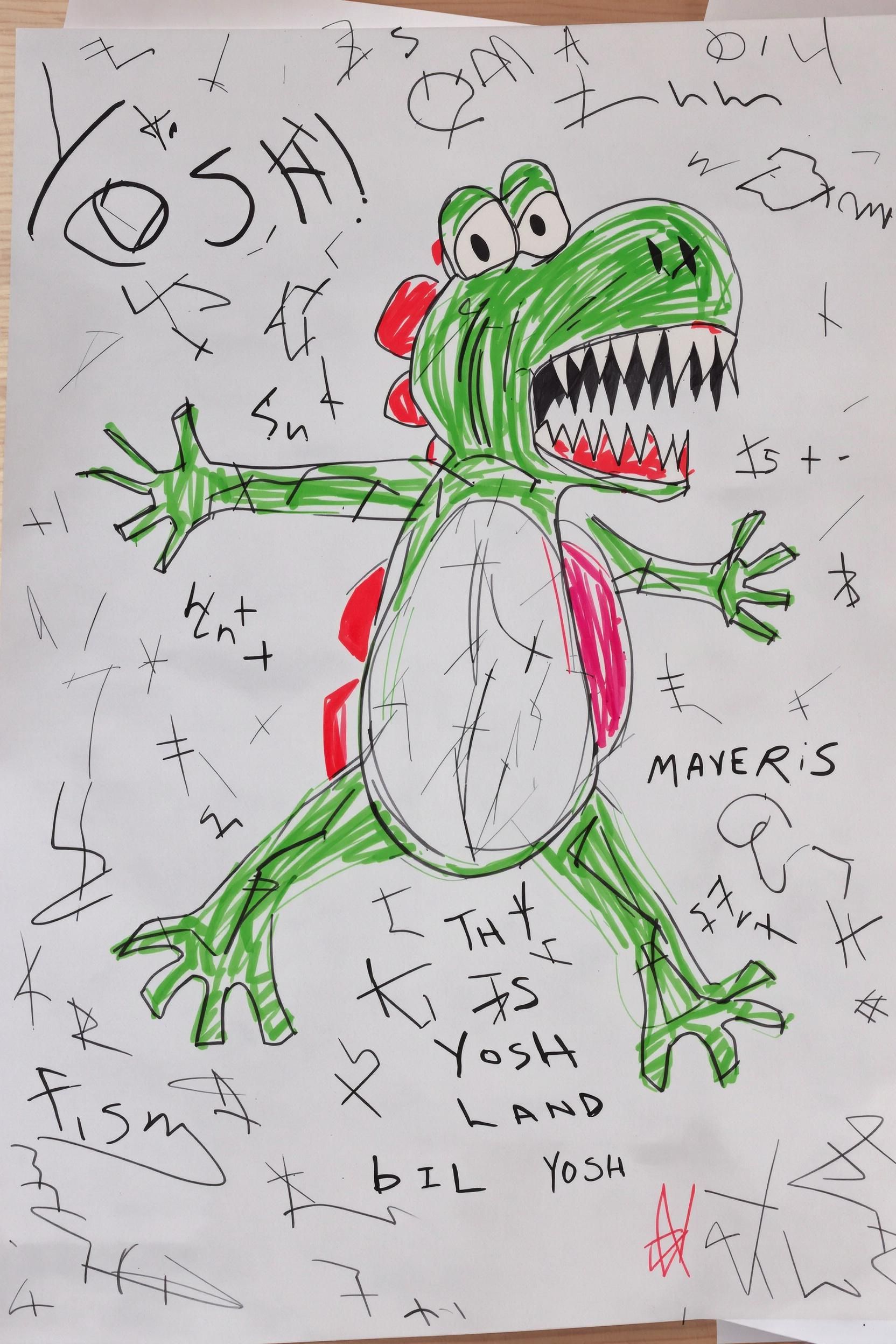 scary chaotic scribbles of a nightmarish drawing of yoshi, done by a 3 year old on white construction paper.