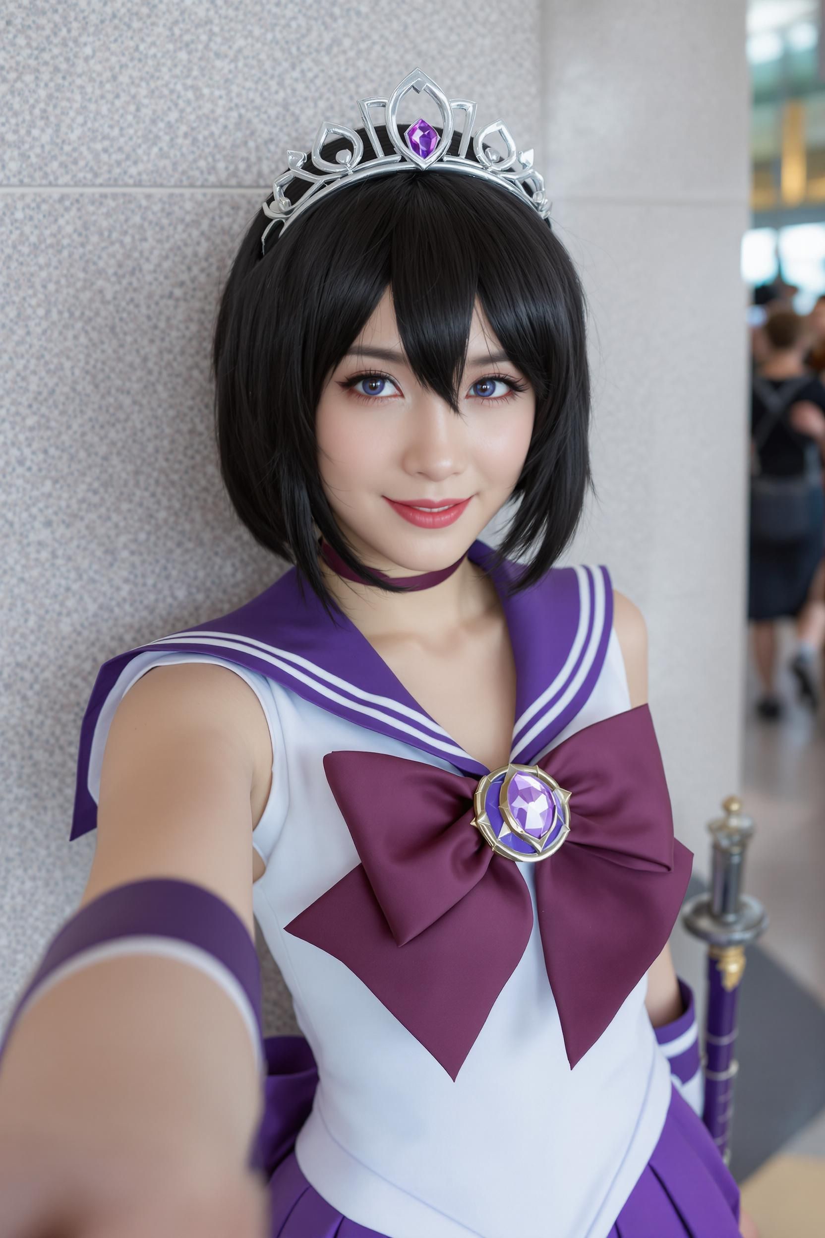 A realistic selfie-style portrait of a woman cosplaying as Sailor Saturn, captured from the perspective of her outstret…