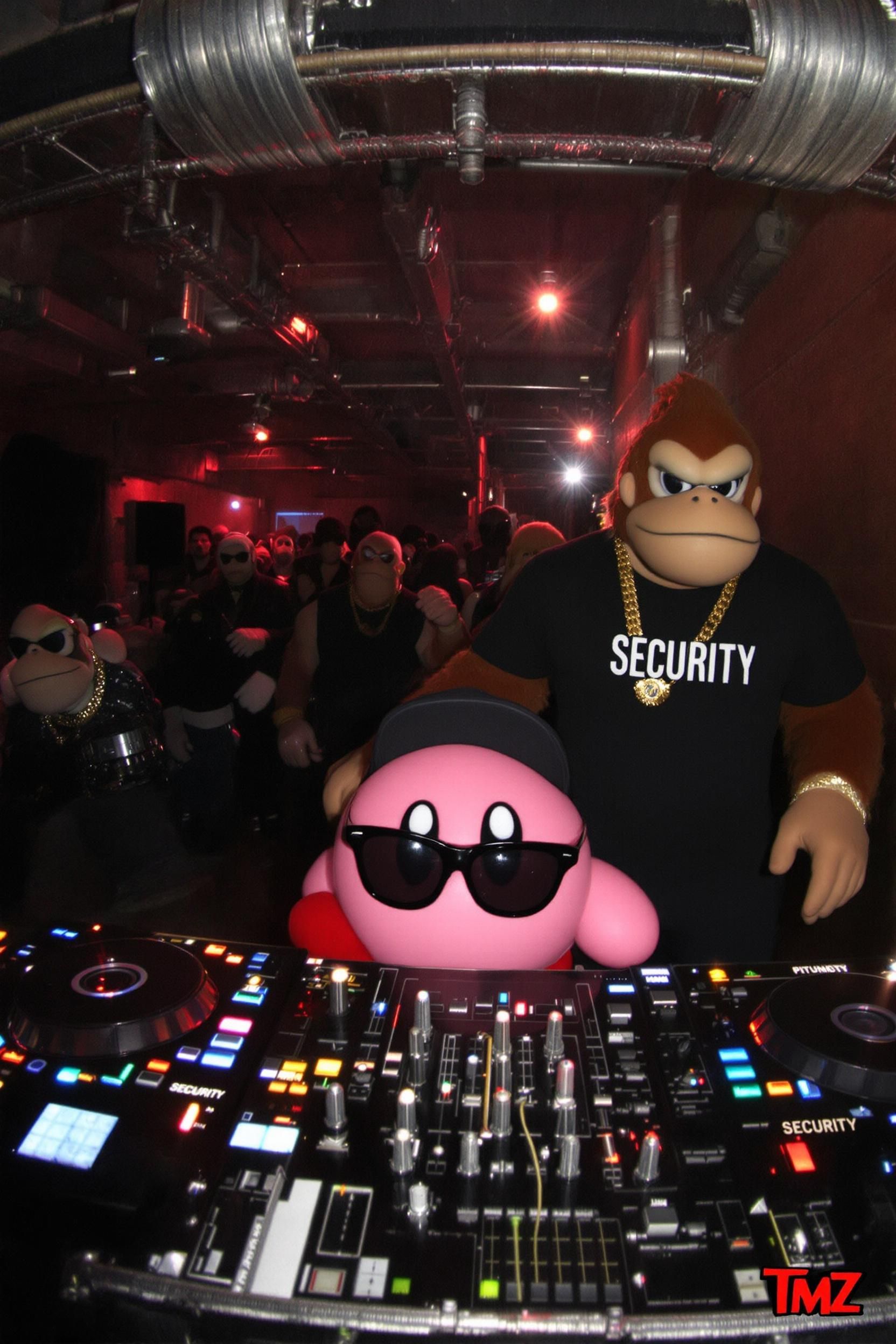 cute Kirby boiler room dj set, wearing black sunglasses, donkey kong and king dededee are his bodyguards. pappaeazzi fl…