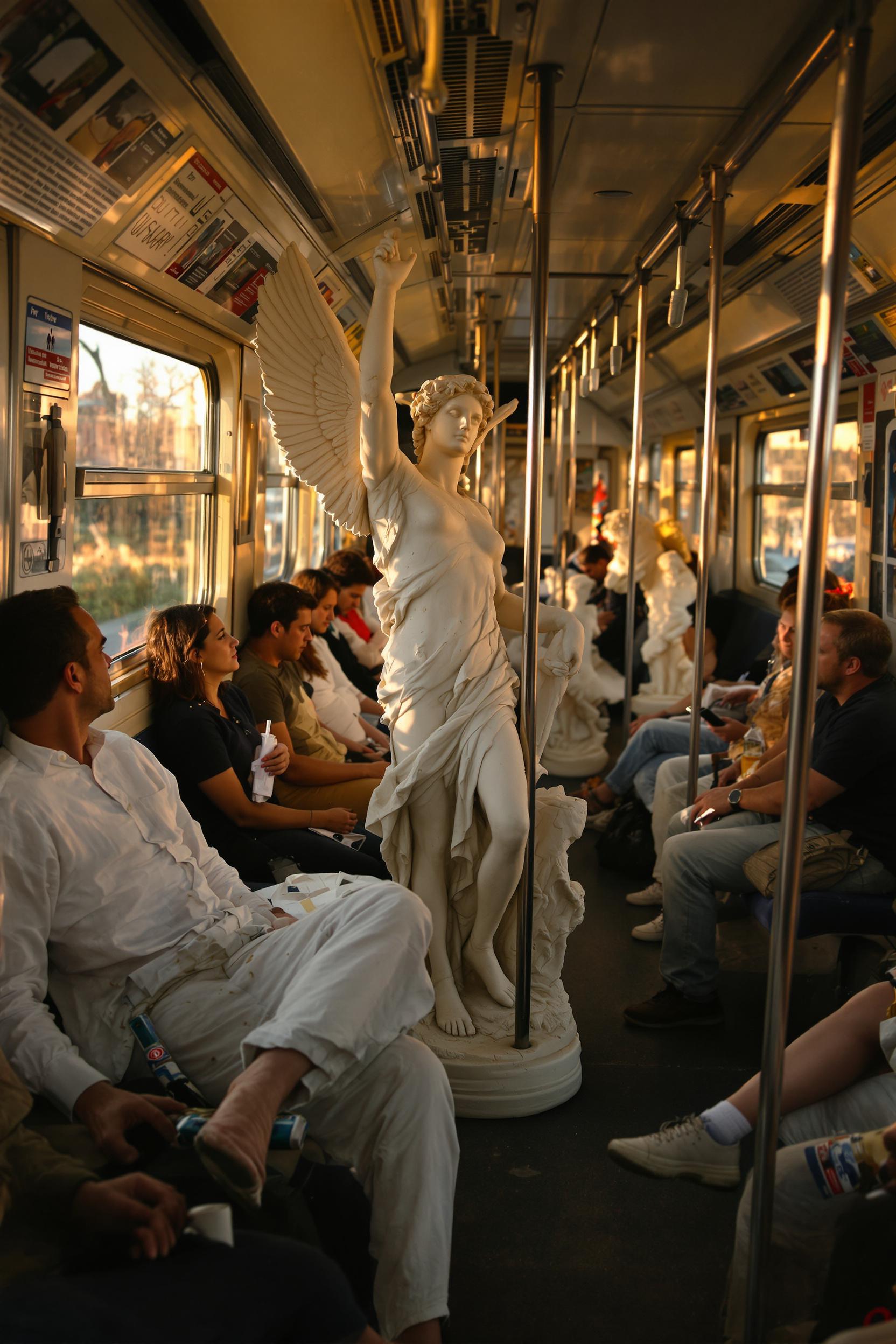 Greek marble statues sitting in a very crowded subway train during rush hour, commuting