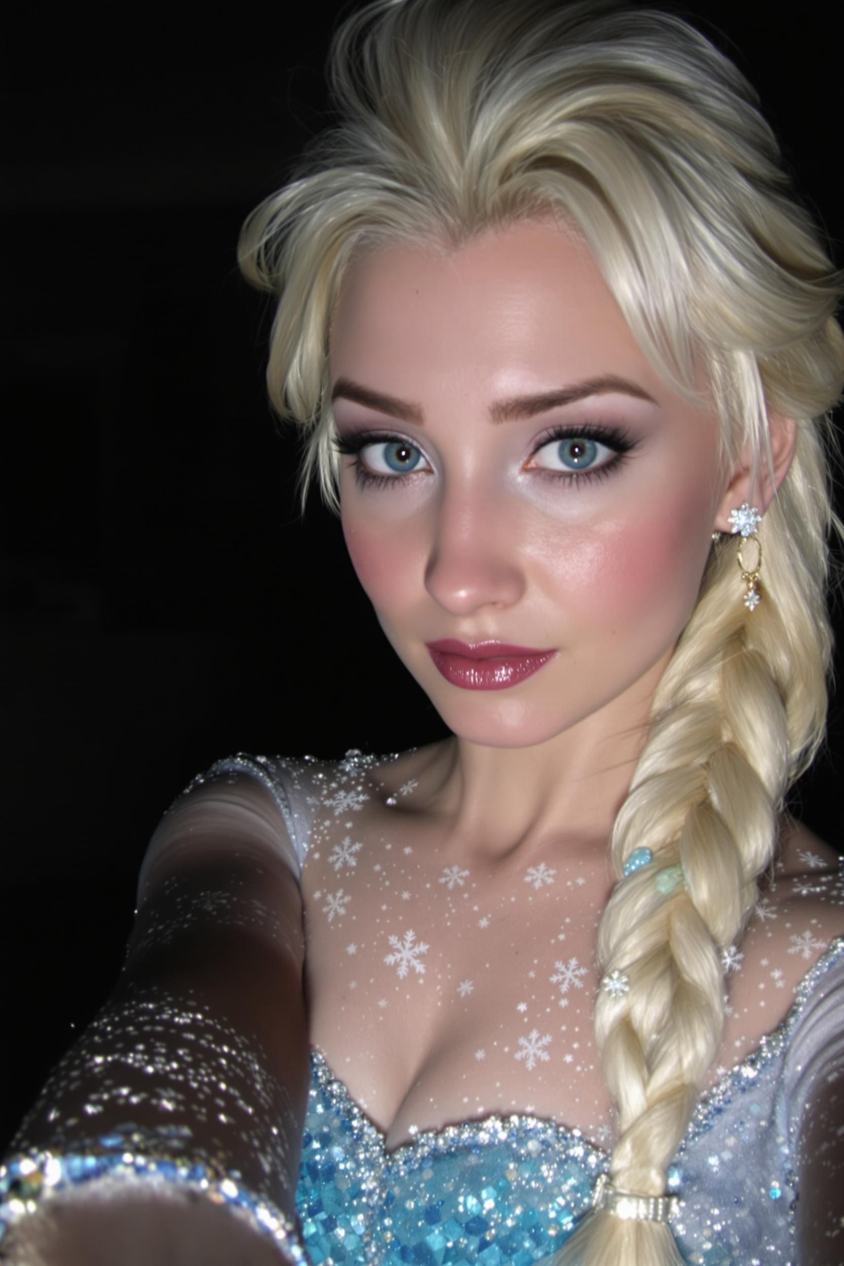 Grainy iphone 6 flash photo of elsa from frozen taking a moody selfie, her arm reaching towrads the camera