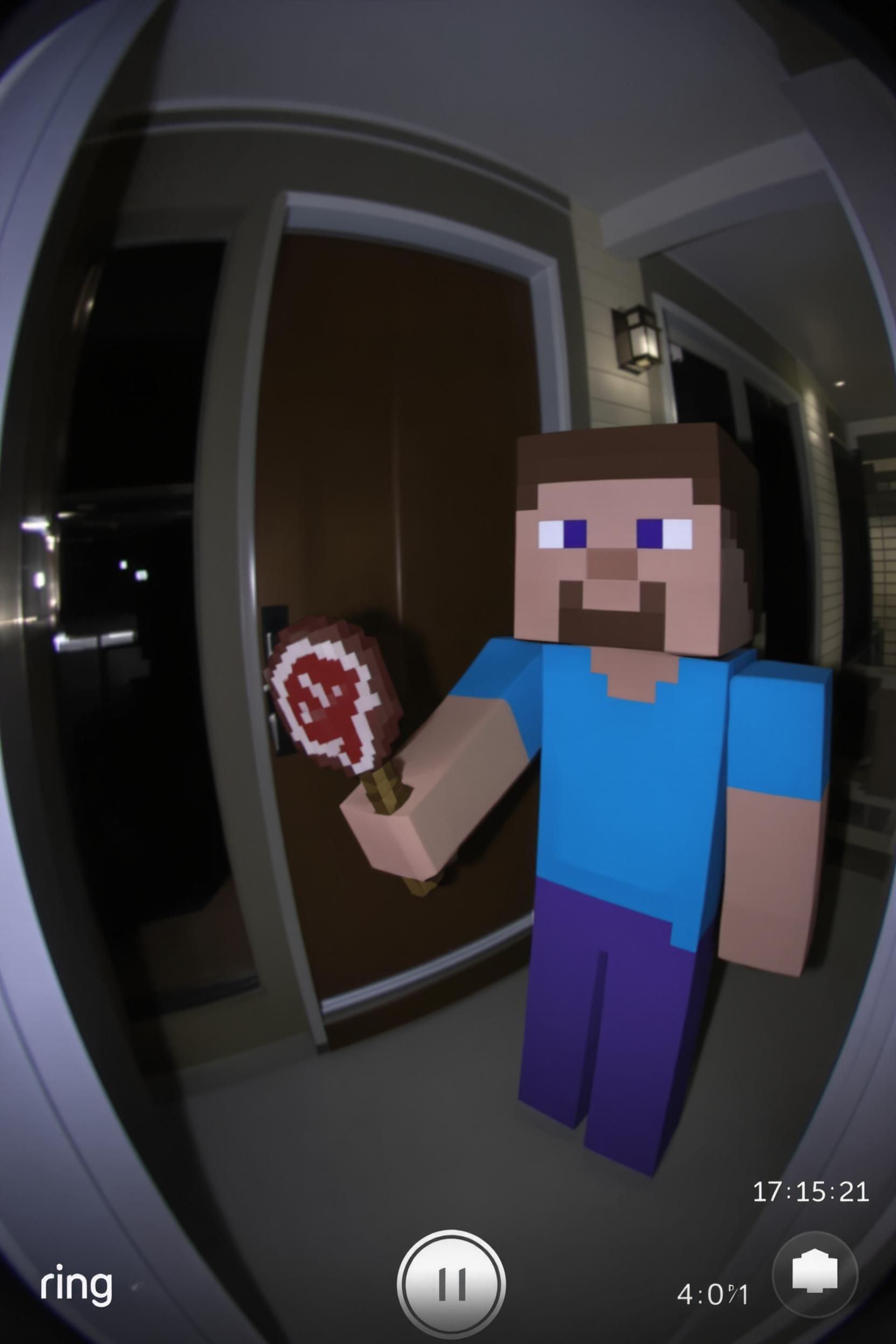 Ring doorbell footage of Minecraft Steve trying to deliver a Minecraft steak, standing awkardly.