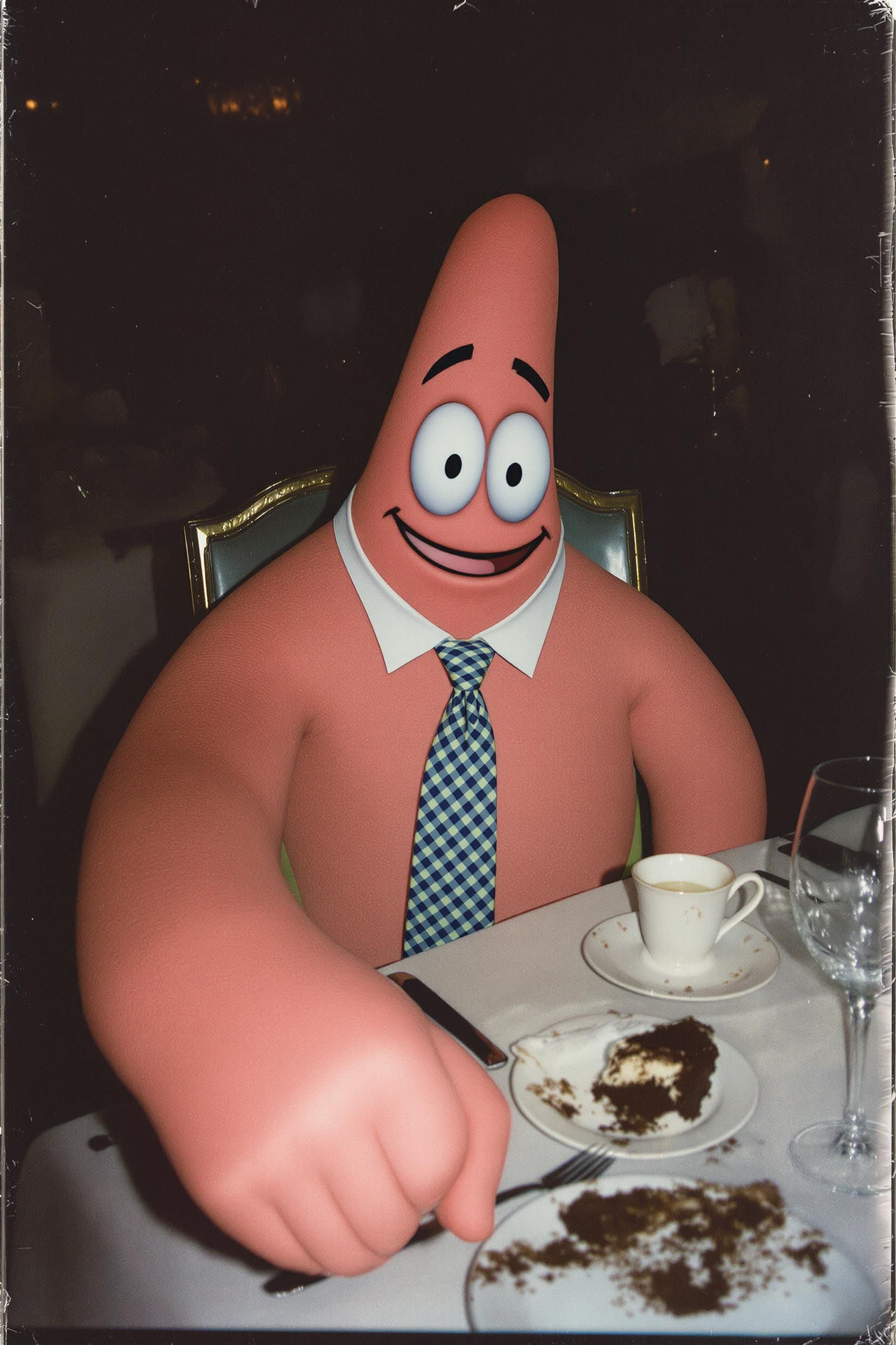A grungy, analog 1:1 photo of Patrick Star from spongebob in on a date with the POV in a fancy restaurant. he is holdin…