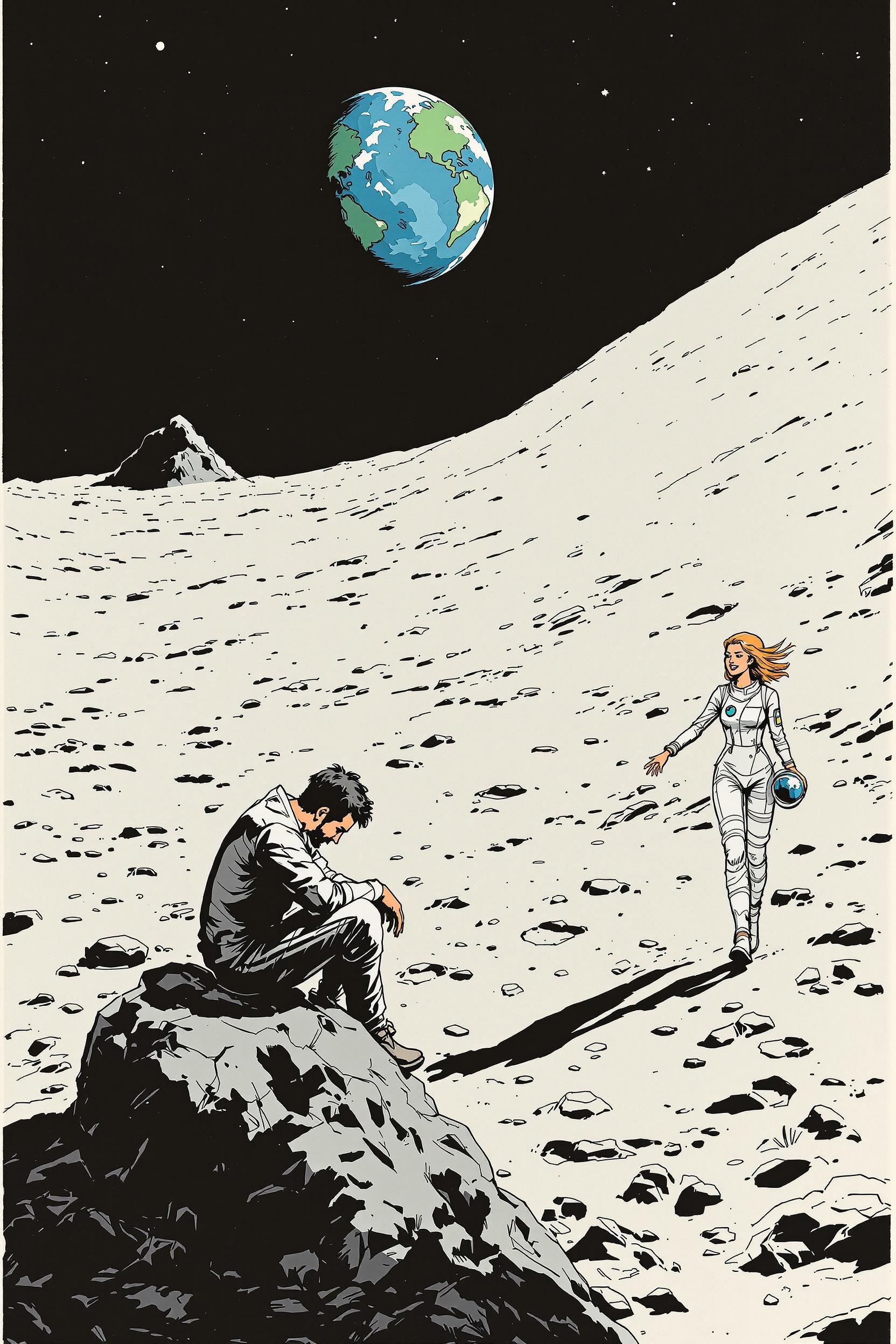pen and ink, illustrated by hergé, Background space and earth. A sad man and a happy woman