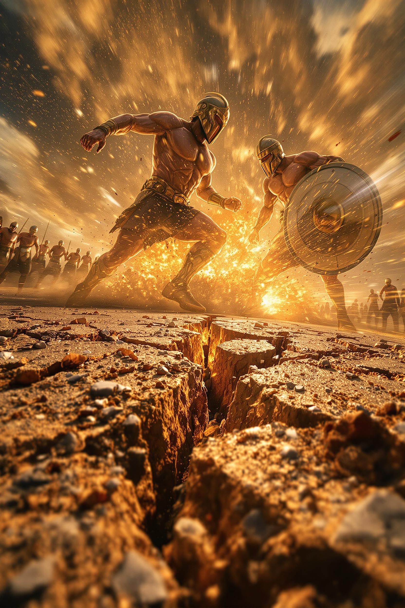 Aquiles, Héctor, Earth trembling under their might, Ancient Greece, Footwear showing the impact on the ground, Center o…