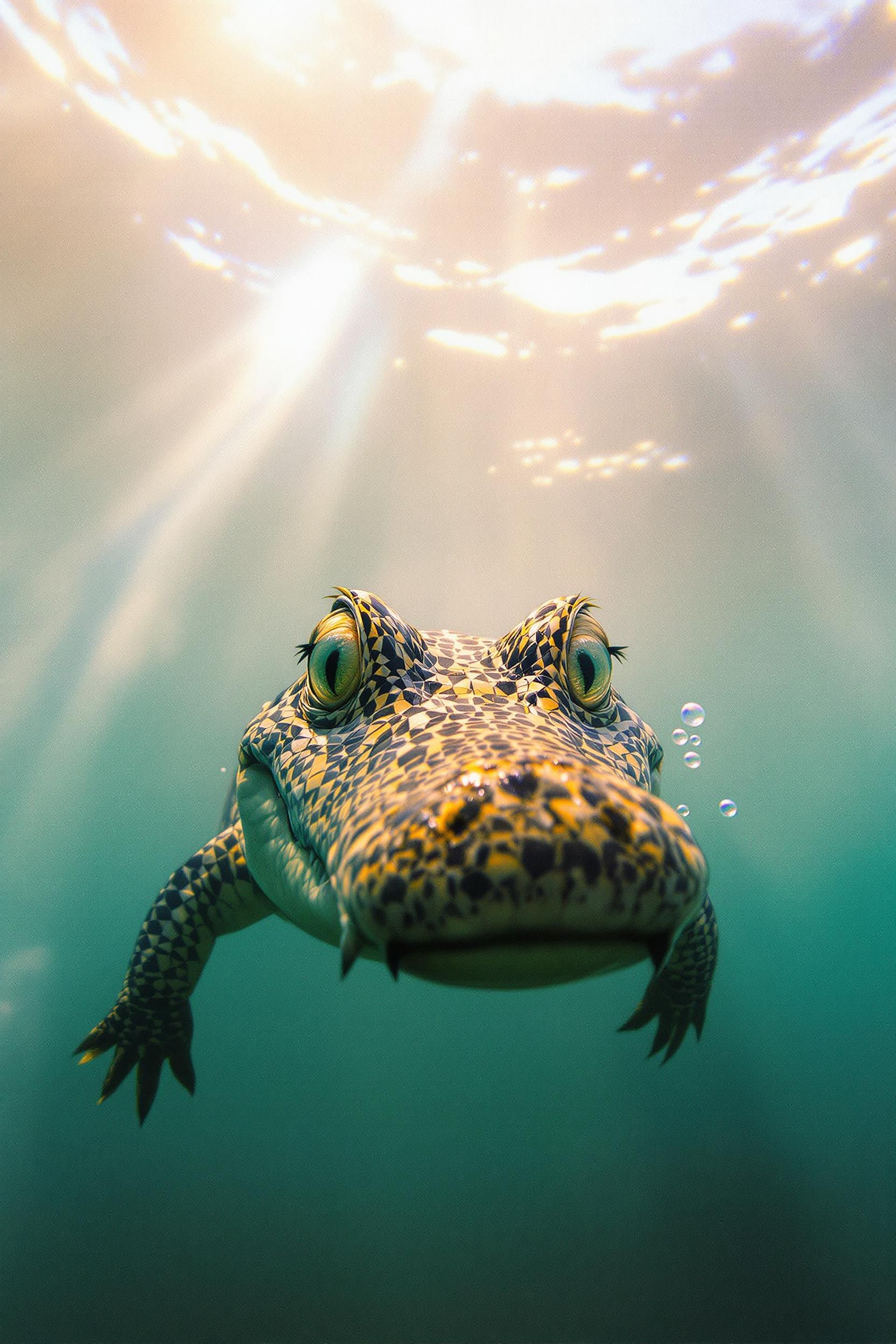 a cute crocodile swimming in the ocean, portra 400, wide angle shot, majestic fog