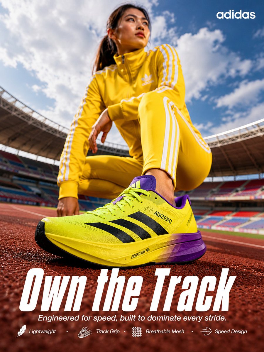 A high-impact, cinematic sports advertising poster featuring a young Asian female athlete crouching dynamically on a pr…
