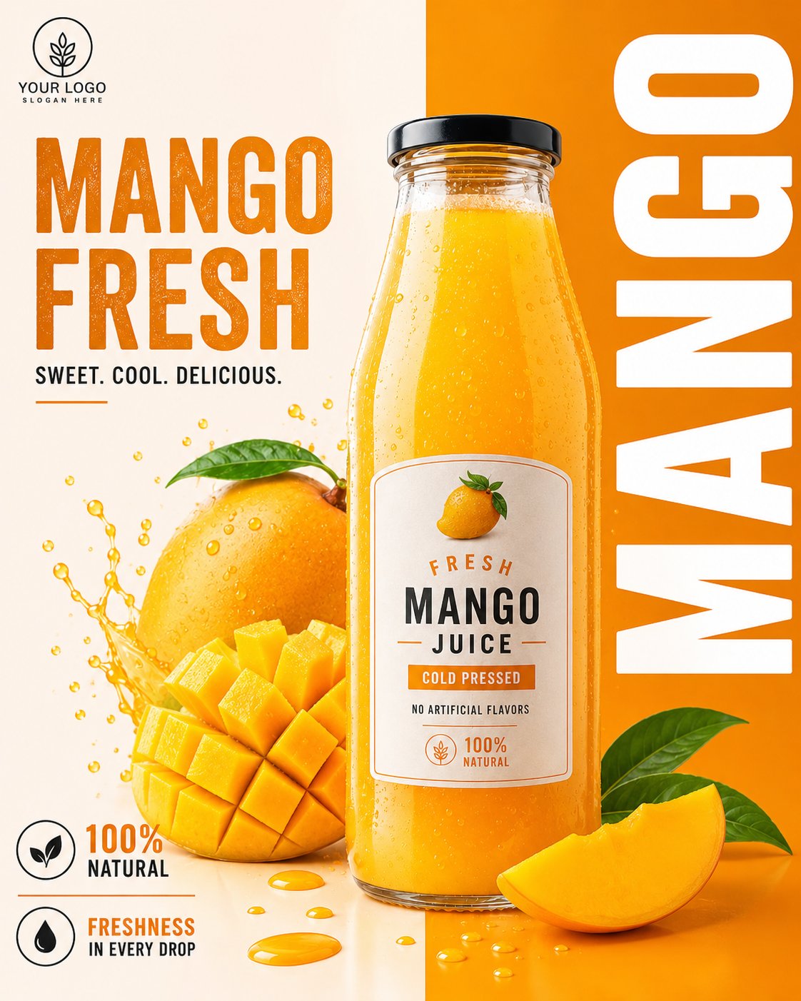 "scene": "Ultra-premium commercial beverage advertisement poster for a fresh mango juice brand. A tall transparent glas…