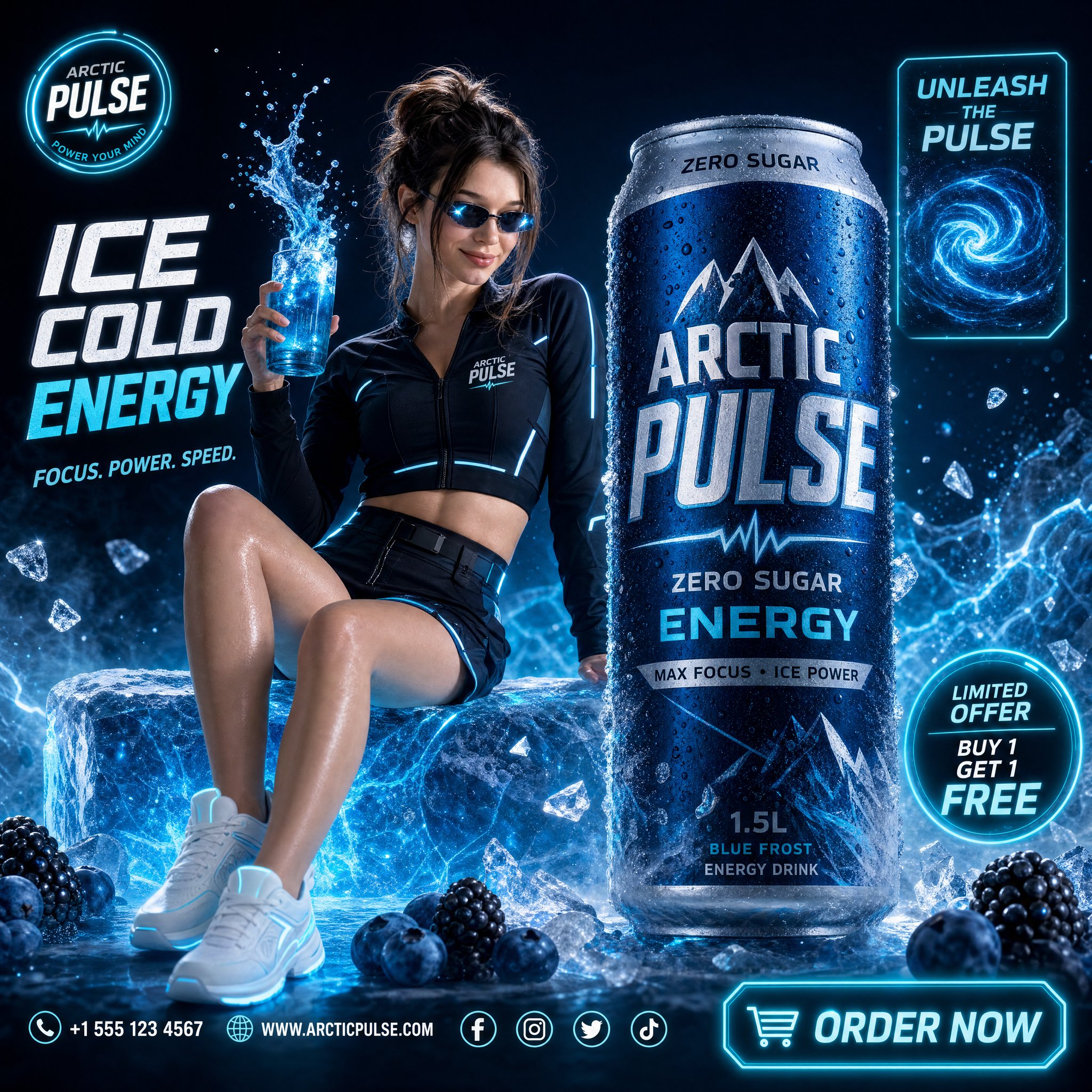 A high-end commercial beverage advertisement for "Arctic Pulse Energy Drink" — ultra cinematic, premium studio setup wi…