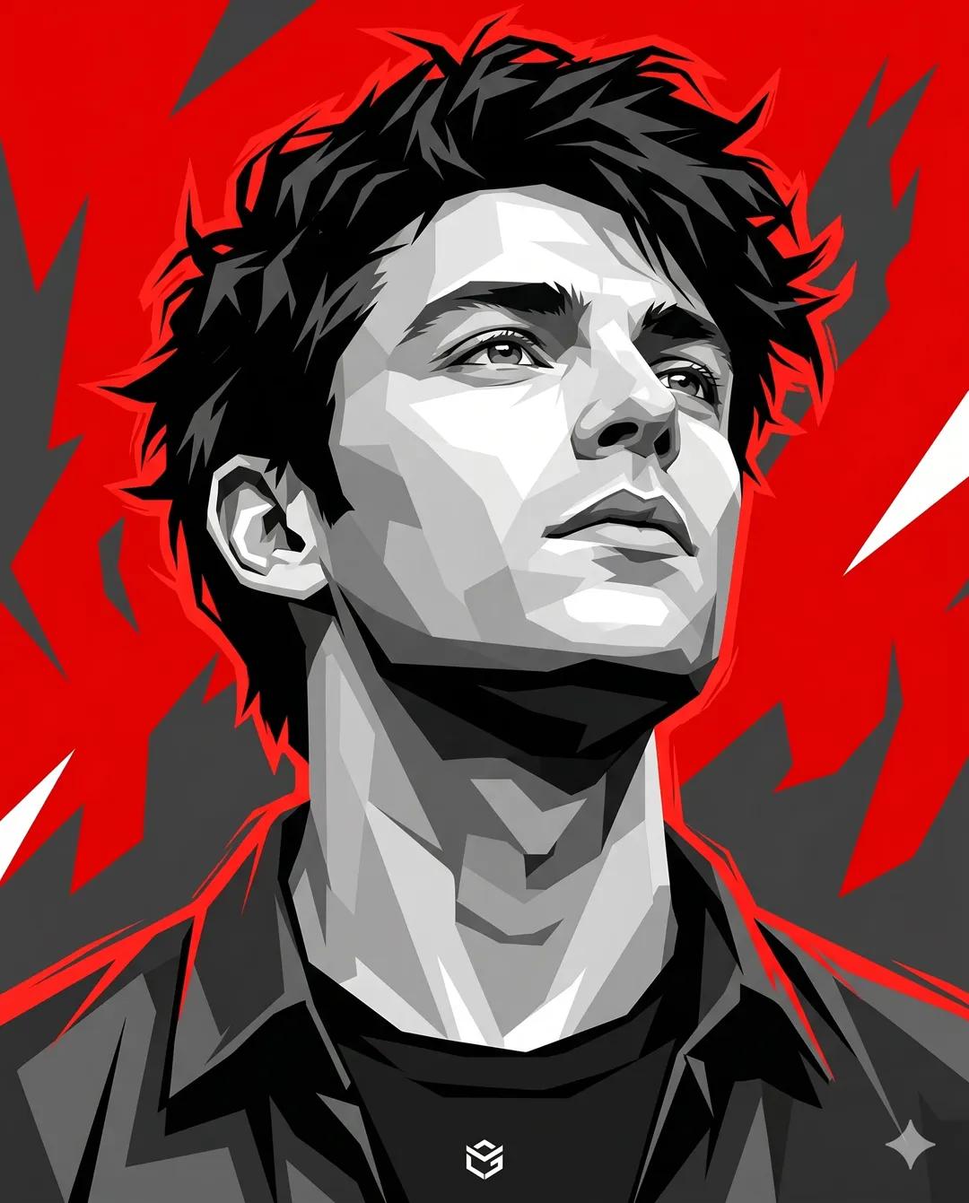 A bold vector-style portrait of a young man with sharp facial features and messy black hair, looking upward confidently…