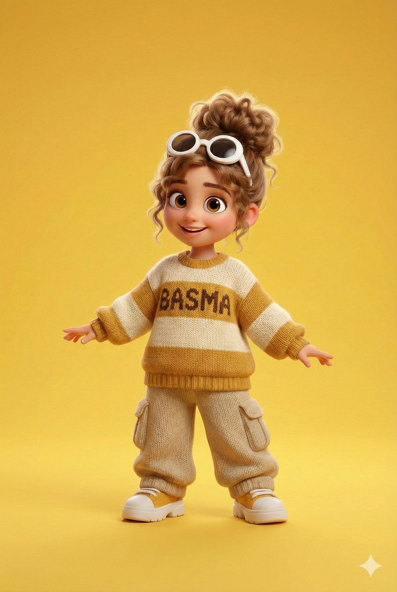 A full-body 3D cartoon girl character in a Pixar/Disney-style render, standing confidently against a solid bright yello…