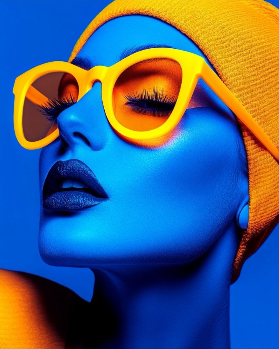 Ultra-stylized futuristic fashion portrait of a woman, electric blue skin tone, wearing bold oversized yellow sunglasse…