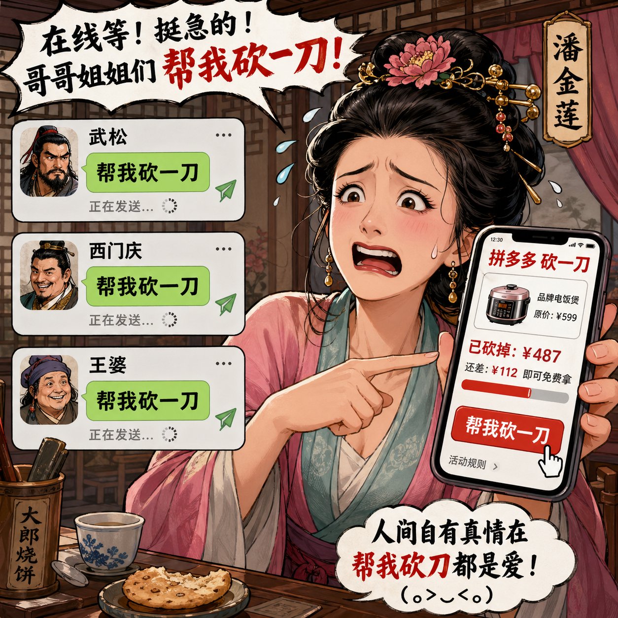 Pan Jinlian is participating in a Pinduoduo price-slashing campaign and sends mass messages to Wu Song, Ximen Qing, and…