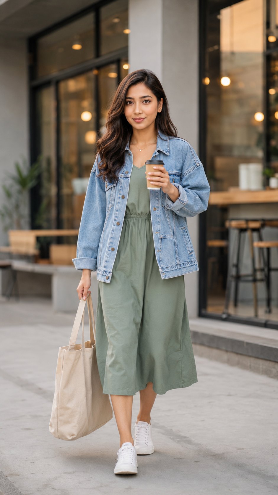 Ultra realistic aesthetic fashion photography of a beautiful young East Asian woman walking outside a modern cafe, soft…