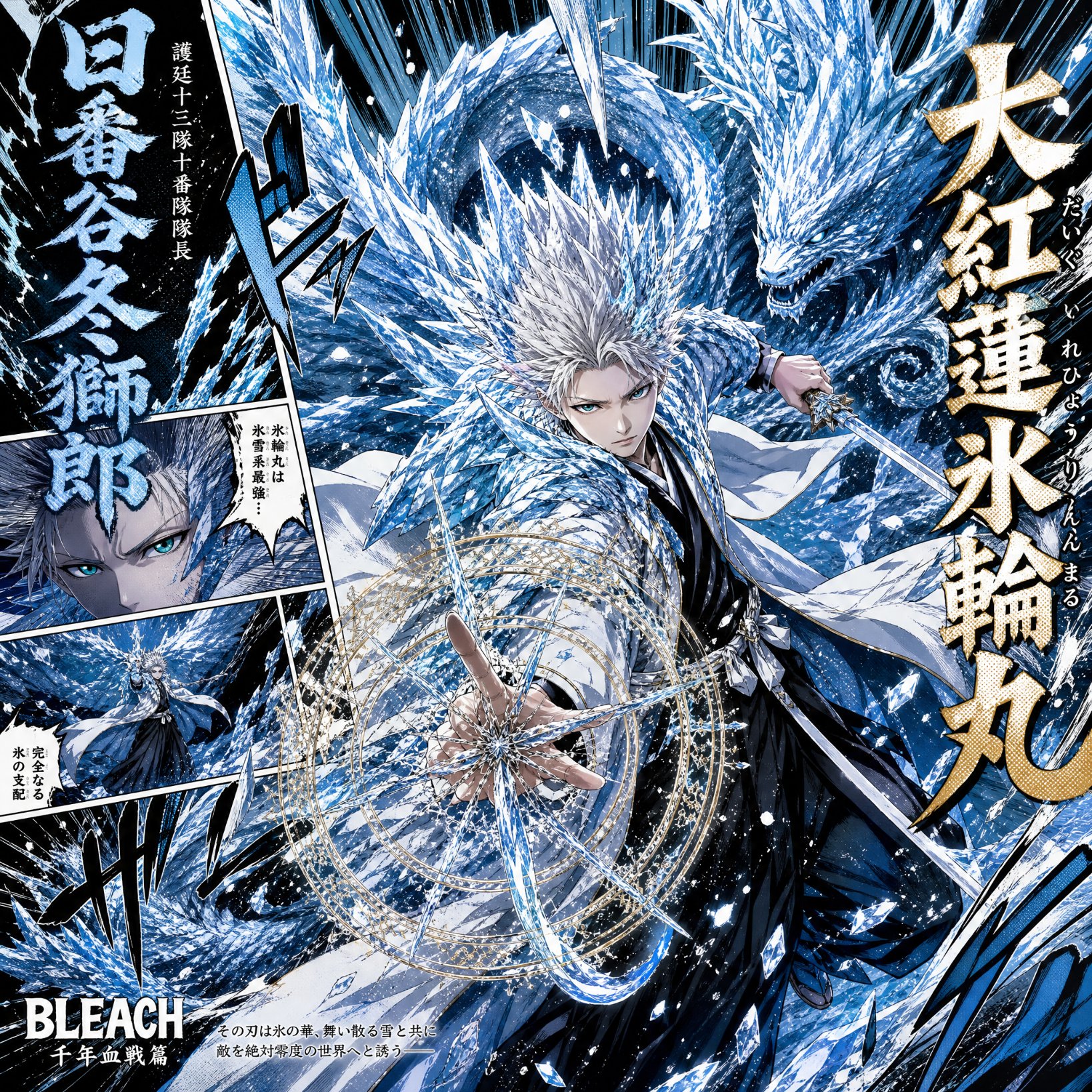 A premium high-resolution anime comic poster of Hitsugaya Toshiro from BLEACH, masterpiece quality illustration. Dynami…