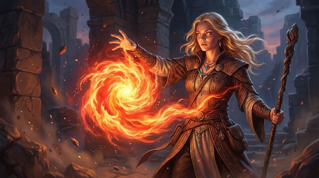 A hyperrealistic, ultra-detailed digital painting of a beautiful blonde female fantasy RPG wizard, casting a volatile m…