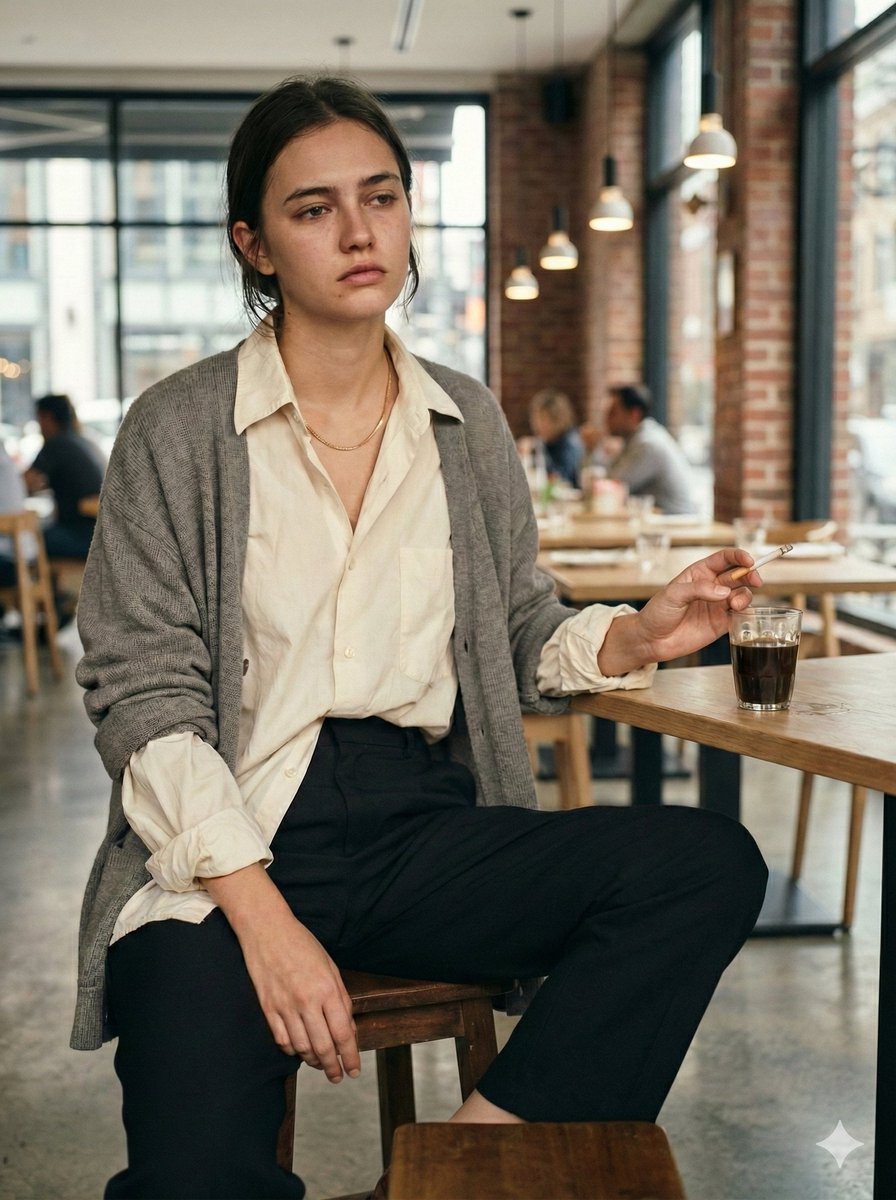 { "style": "cinematic realism, natural color grading, film still", "subject": "a tired young woman sitting alone at a c…