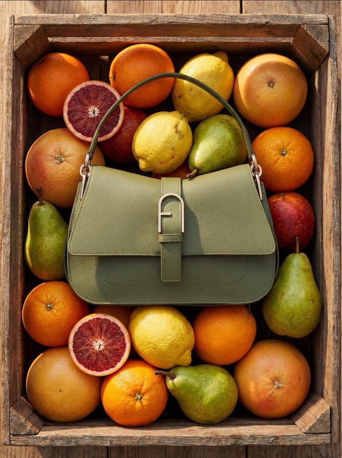 Top-down flat lay of a sage green leather handbag placed inside a rustic wooden crate filled with fresh citrus fruits a…