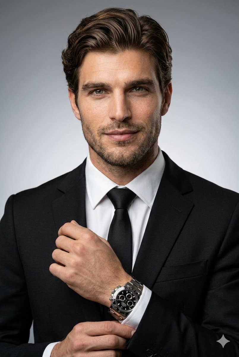 Ultra-realistic studio portrait of a confident young businessman wearing a tailored black suit and black tie, white dre…