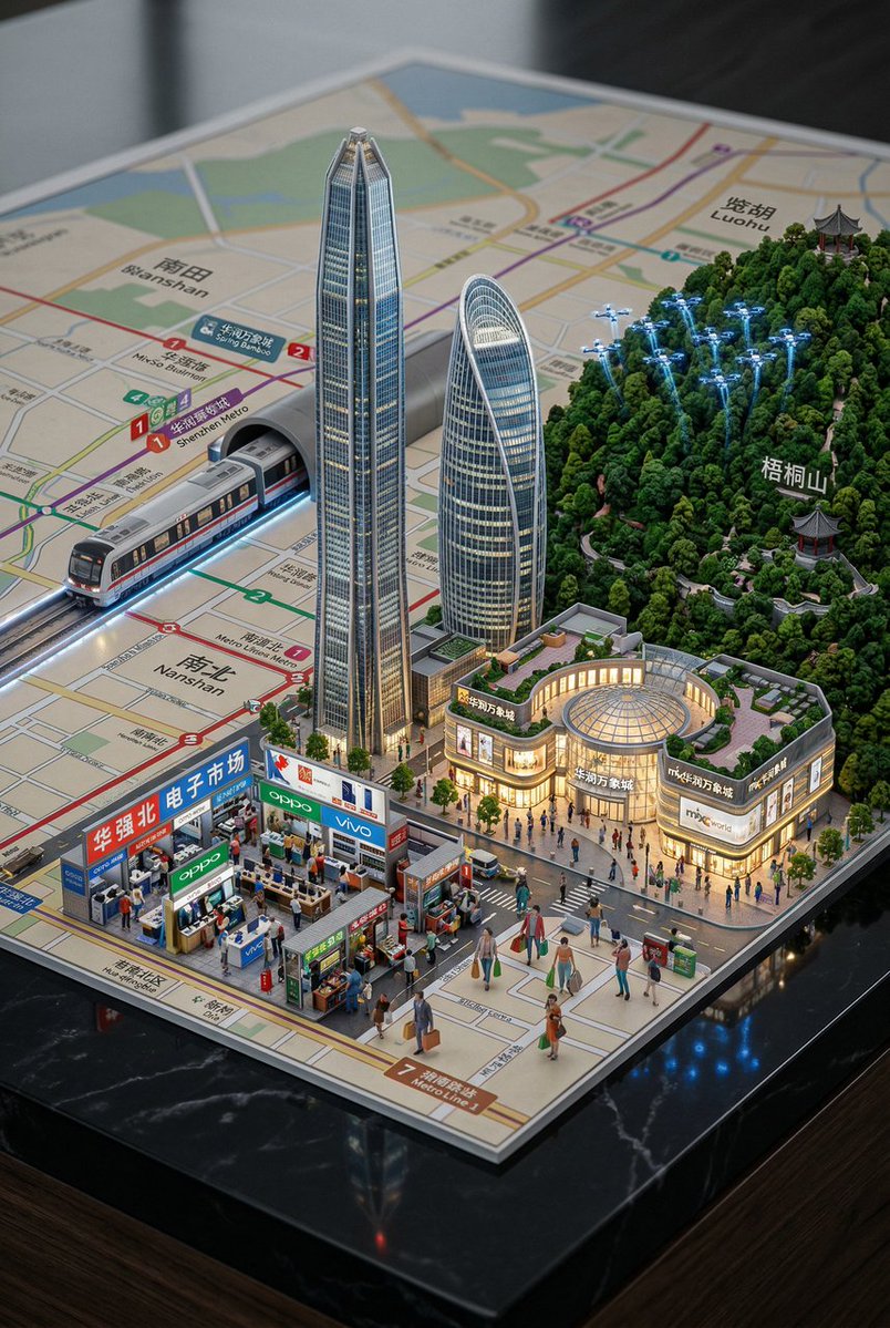 A street-style map of Shenzhen, laid flat on a smooth reflective dark surface, with a lifelike miniature 3D model of Sh…
