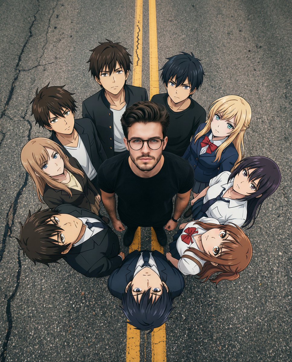 Create a cinematic hybrid real-life + anime group scene from a high top-down camera angle, matching the same road backg…