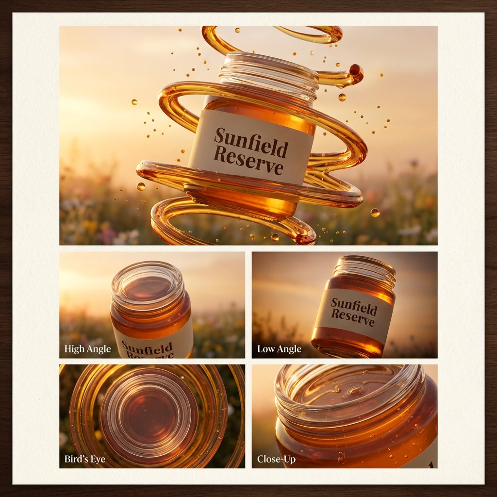 Ultra-realistic glass honey jar labeled “Sunfield Reserve” floating in a soft sunrise glow, rich amber honey spirals we…
