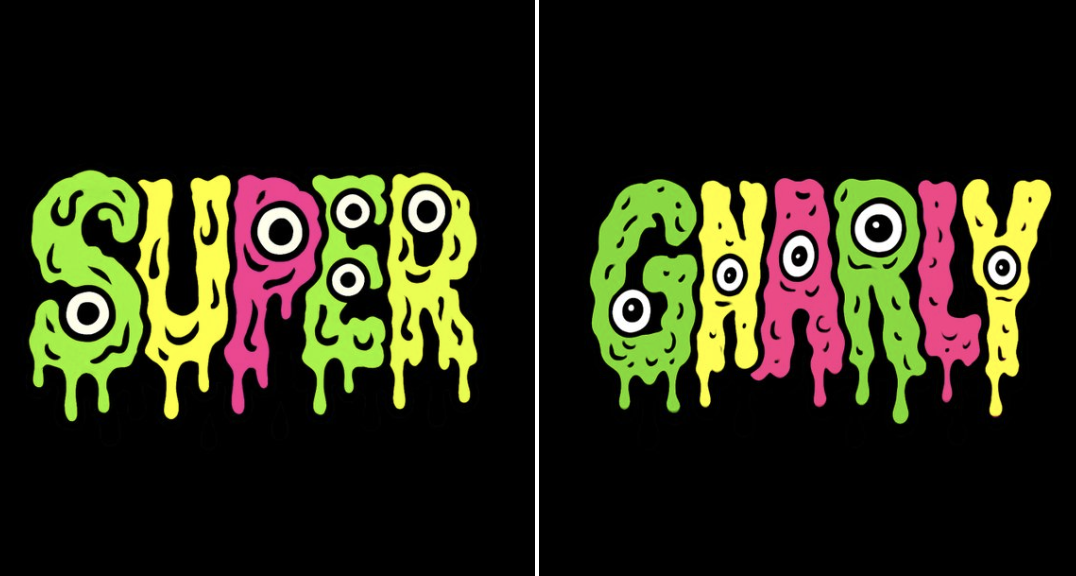 Create a psychedelic, grotesque cartoon-style text design that says “GNARLY”. Arrange the letters in a straight horizon…