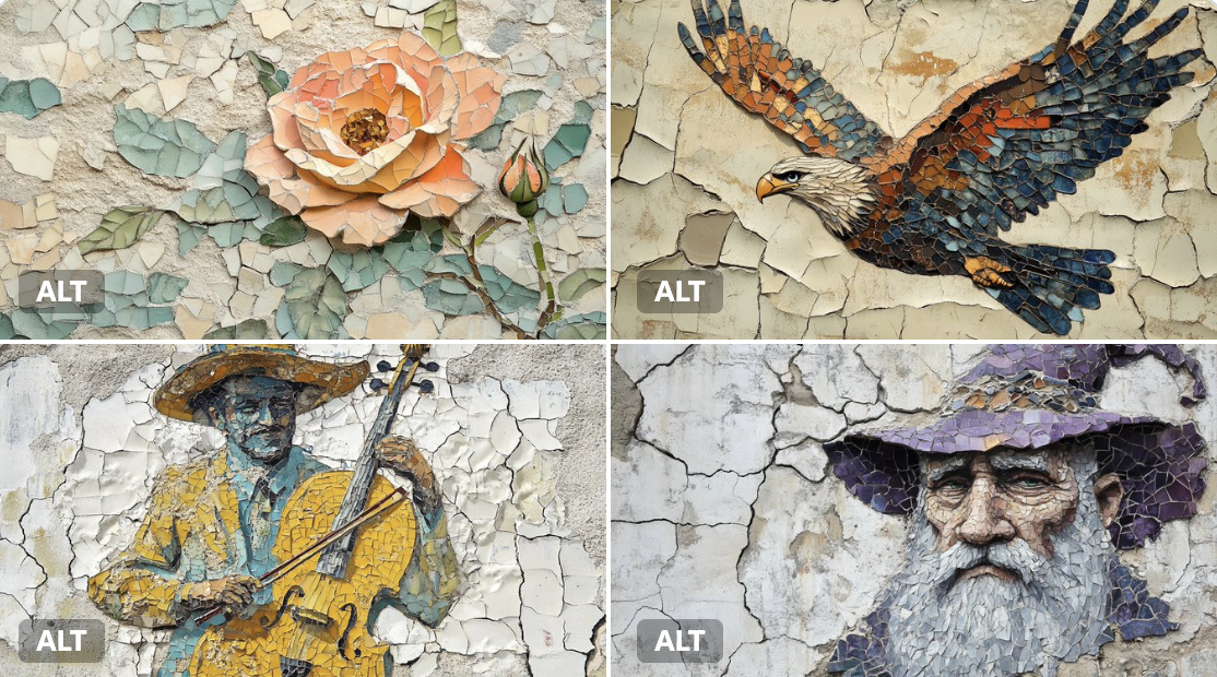 A mosaic mural of a [subject], crafted from chipped ceramic and glass shards in sun-faded [color1] and weathered [color…
