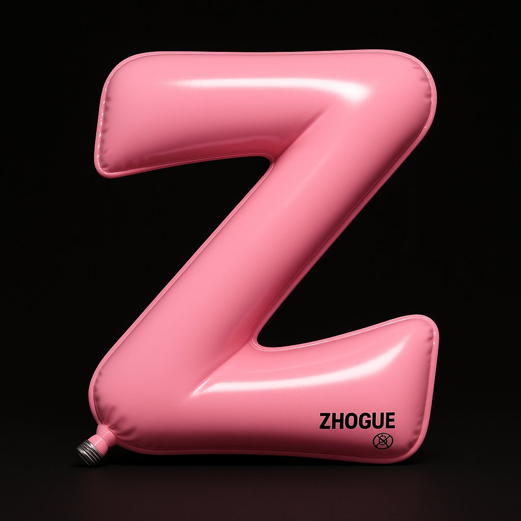 一件高度写实的 3D 装置艺术:字母 Z 被设计成充气球囊造型,整体形态如同流畅弯曲的“Z”字路径,由两段斜线和一个折角构成,边缘略微卷翘,充满柔软的气压感。 视角为正面稍仰视角(约10°)的正交投影,主体置于画面正中央,占据几乎全部画幅…