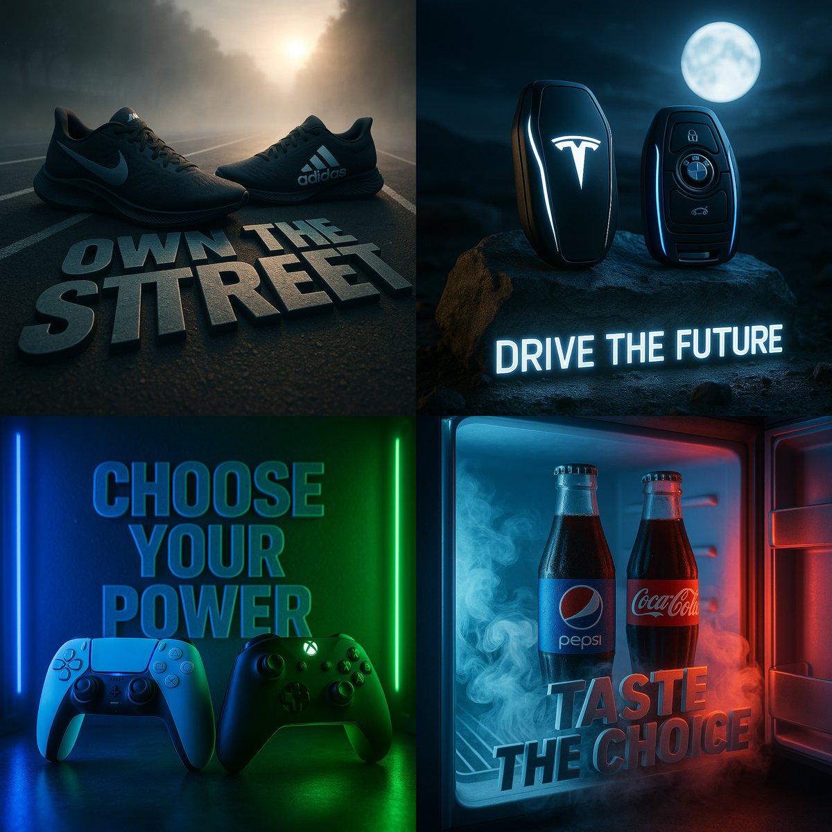 A dramatic cinematic scene featuring two rival products placed side by side in a custom-designed environment that visua…