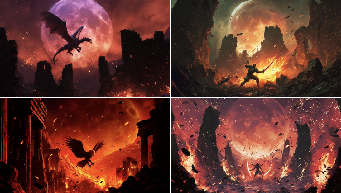 [SUBJECT] in a cinematic painting, battling amid crumbling ruins under a colossal blood moon — ambient sparks flying. S…