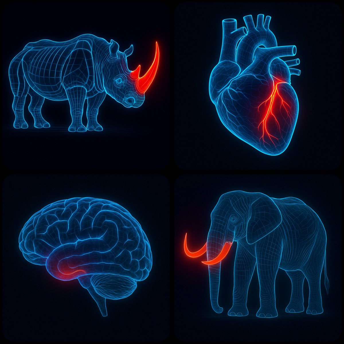 A digital illustration of a [SUBJECT], portrayed with a network of glowing clean pristine blue lines outlining its anat…