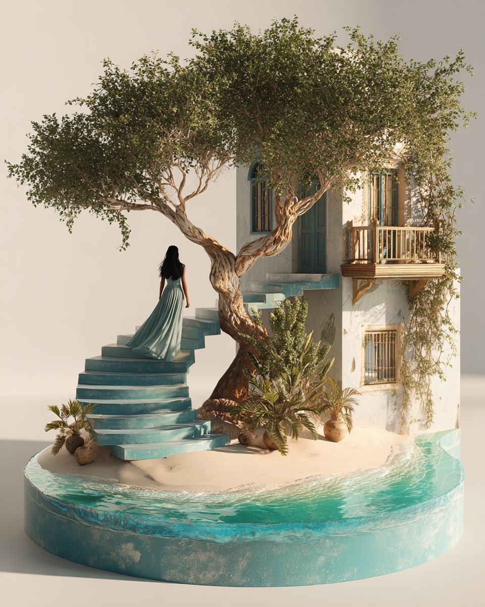 3d hyperrealistic model-scenery of a long-haired woman wearing a flowing maxi dress walking up a curved staircase with …