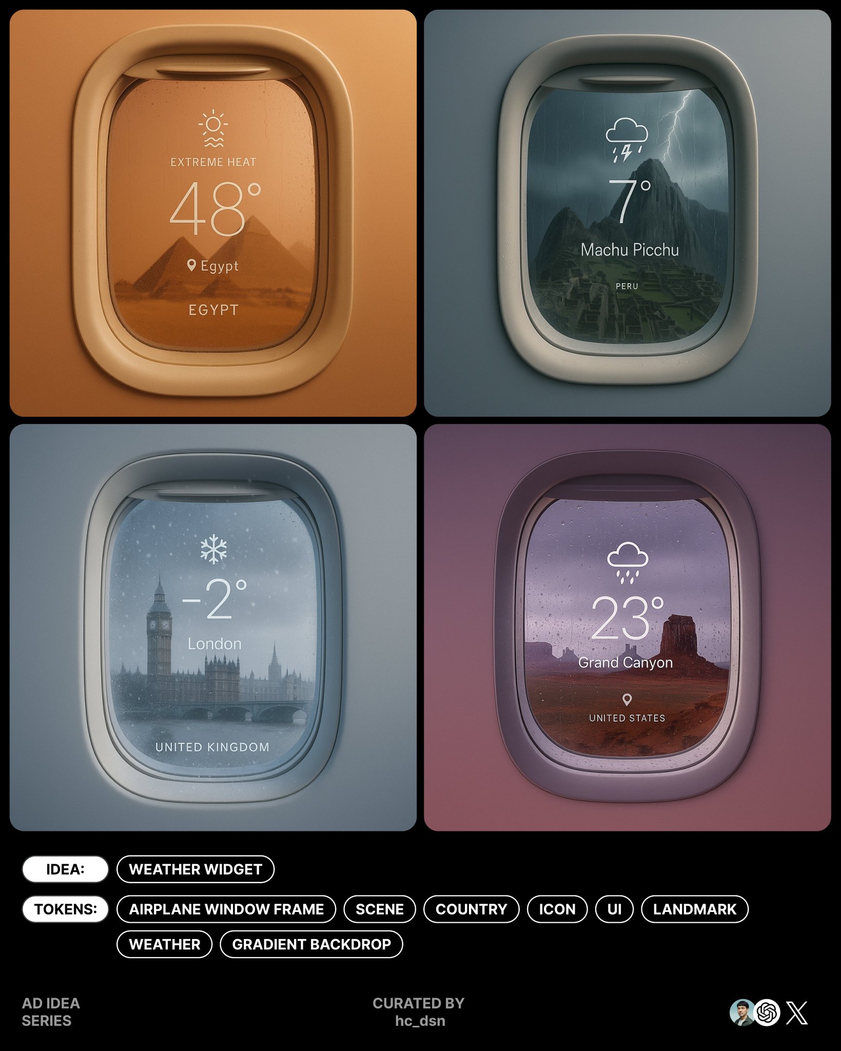 create image with 1:1 ratio surreal minimal aesthetic, airplane window frame on subtle gradient backdrop with same colo…