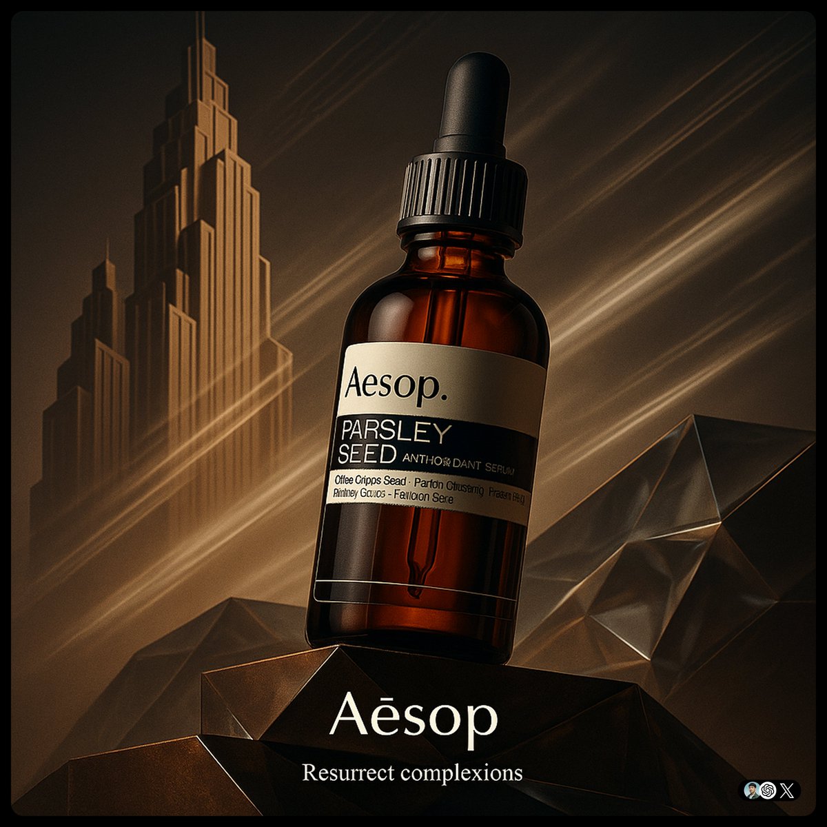 create image with 1:1 ratio [Brand] ad. Ultra-high-detail product photo in a fusion of Art Deco and Futurism. The produ…