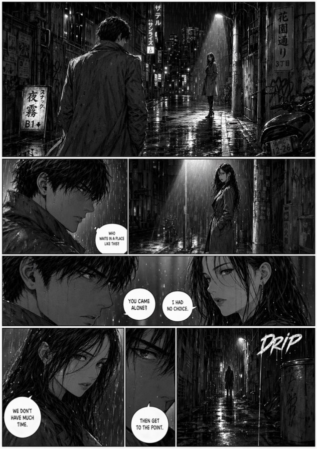 {"type":"black-and-white cinematic manga page","style":{"medium":"high-contrast inked graphic novel illustration","mood…