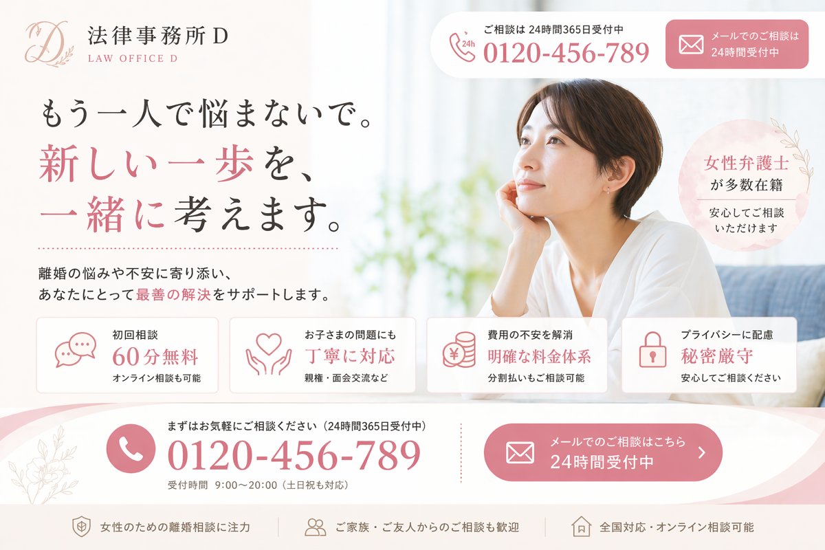 Create a polished Japanese landing page hero image for a fictional divorce-law firm, designed like a high-conversion li…
