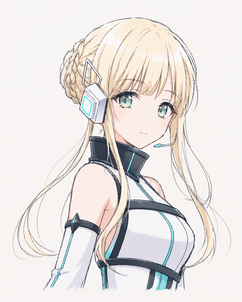 A simple anime-style upper-body character illustration on a plain light gray background, centered and facing slightly l…