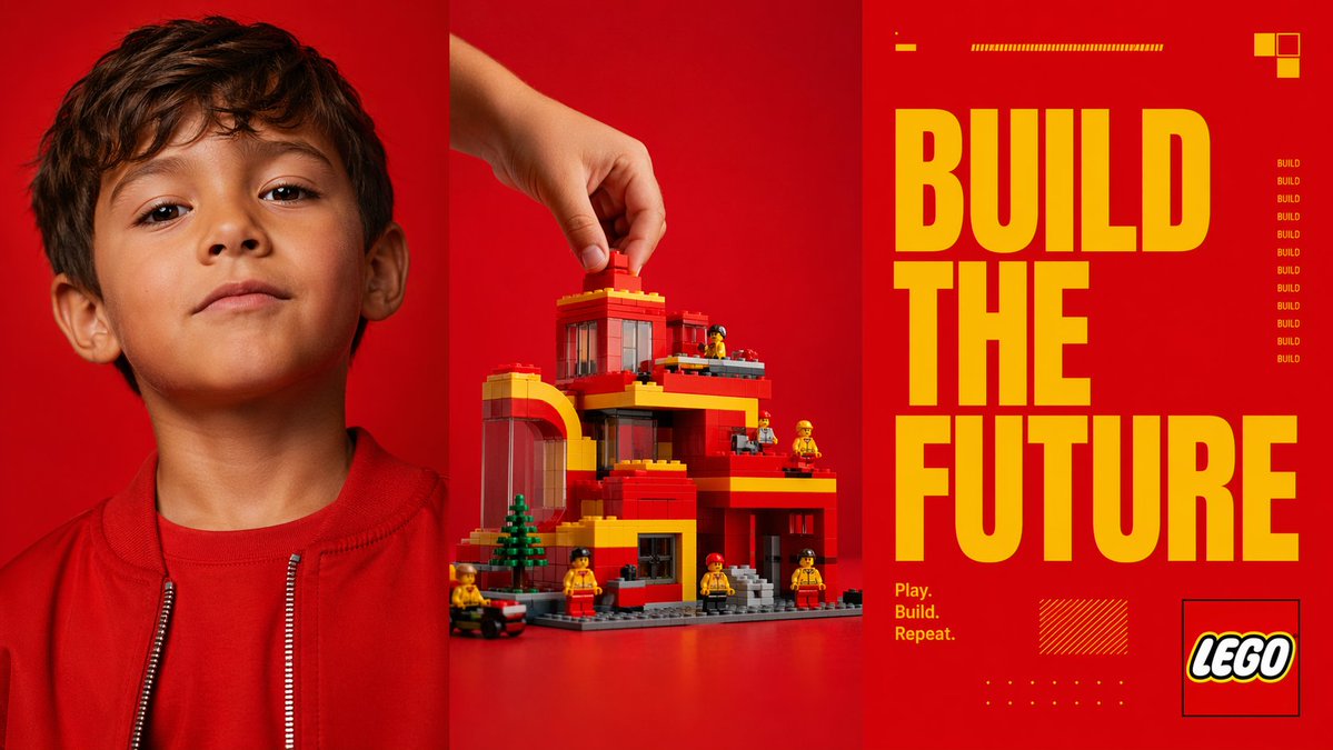 {"type":"triptych advertising poster","style":"bold modern toy-brand campaign, high-contrast studio photography mixed w…