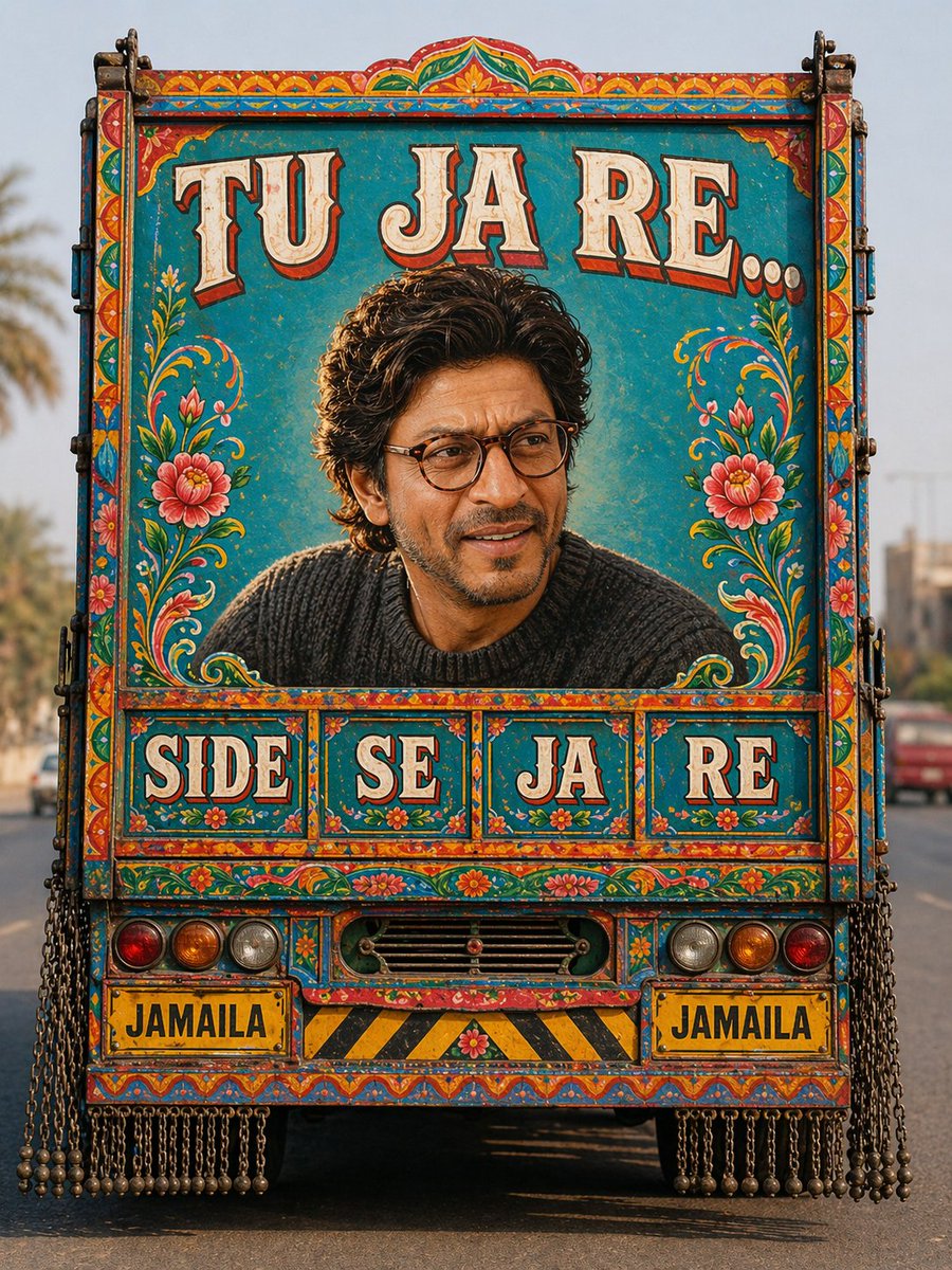 A highly detailed realistic photo of the back side of a {argument name="origin" default="Pakistani"} decorated truck on…