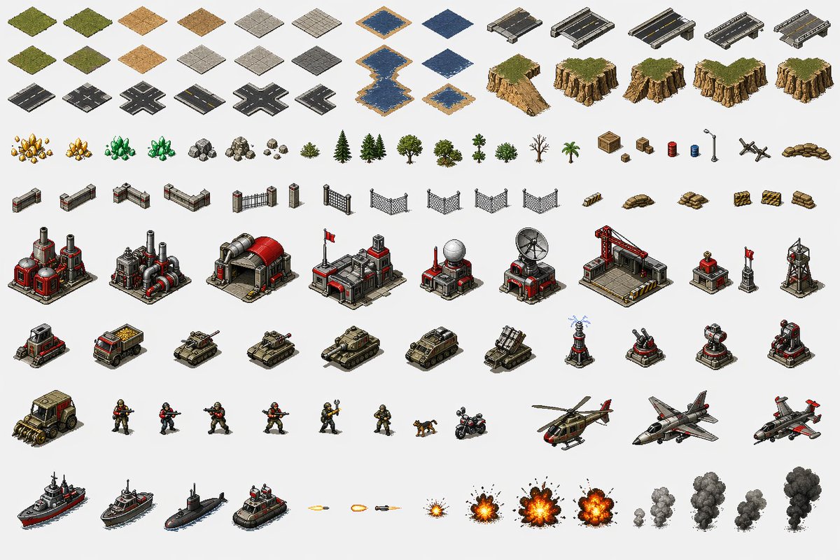 Try to analyze all Red Alert scenes, then generate all the resources used into a pixel sprite sheet on one large image,…