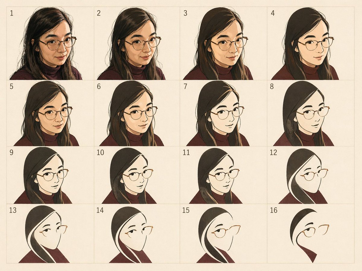 {"type":"stylized portrait abstraction grid","subject":"a woman shown through progressive visual simplification","style…